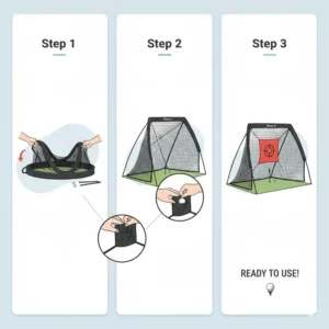 Illustration showing the 3-step assembly process of a portable golf practice net.