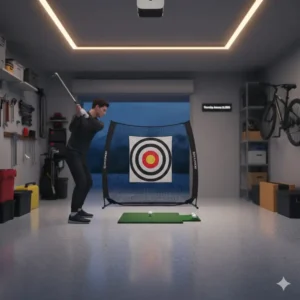 A compact indoor golf hitting net with target for home garage practice.