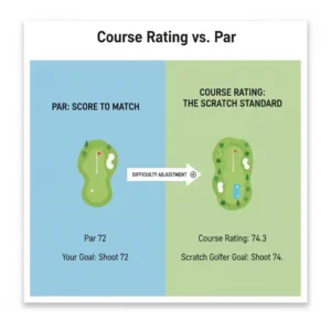 A course rating infographic explaining the scoring standards for what is a scratch golfer.