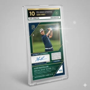 A high-quality trading cards golf preserved in a professional grading plastic slab with a mint 10 rating.