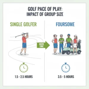 An infographic showing how group size affects how long does a round of golf take for a single player vs a foursome.
