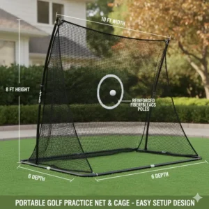 A professional-grade hitting net and cage designed as heavy-duty backyard golf practice accessories.