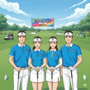 A group of four golfers wearing identical team-style matching golf outfits with custom logos for a tournament.