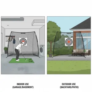 Illustration comparing indoor garage and outdoor garden use for a golf practice net for home.