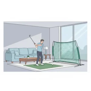 A graphic showing a compact portable golf practice net used inside a modern living room.