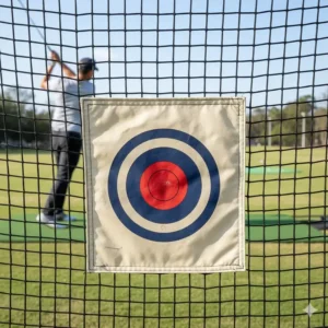Close-up of a high-quality golf hitting net with target showing reinforced impact fabric.