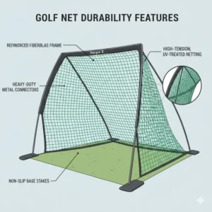 Close-up illustration of the high-tension netting and reinforced frame of a portable golf practice net.