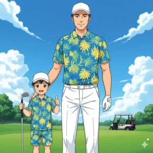 A father and young son wearing matching golf outfits featuring vibrant tropical prints and matching caps.