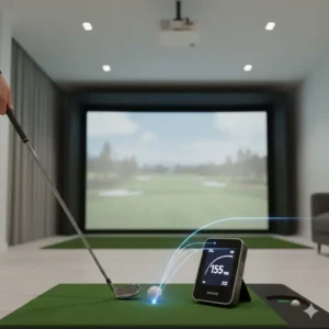 Portable smart launch monitor displaying ball flight data among other indoor golf training aids.