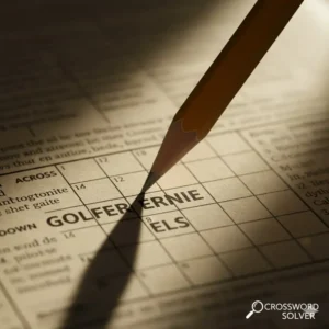 A pencil pointing to a specific line in a puzzle book for a golfer ernie crossword clue.