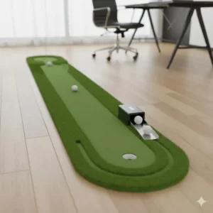 An indoor putting green with automatic ball return, perfect for golf practice equipment for home offices.