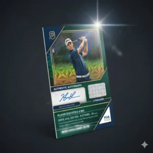 An illustration of a rare holographic limited edition version of trading cards golf with a shiny finish.
