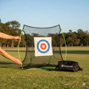 A lightweight and portable golf hitting net with target being assembled on grass.