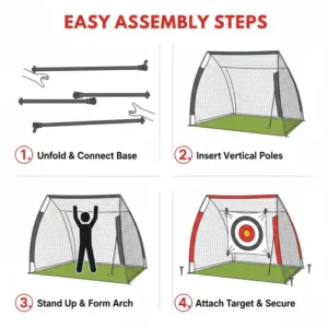 Step-by-step instructions on how to assemble a golf practice net for home.