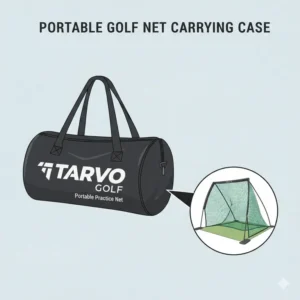 An illustration of a portable golf practice net folded down into a lightweight, branded carrying bag for easy transport.