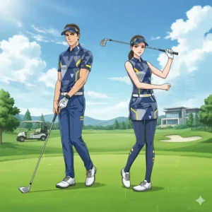 Detailed illustration of matching golf outfits highlighting moisture-wicking performance fabric and athletic fit.
