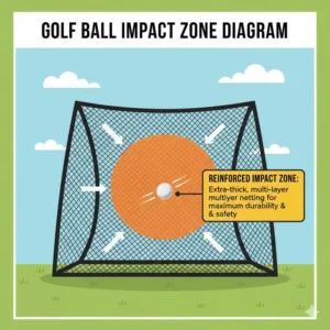A technical illustration highlighting the reinforced hitting area of the best golf practice net backyard.