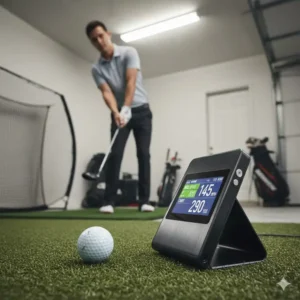A portable digital launch monitor used alongside other golf practice equipment for home to track ball data.
