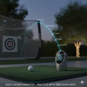 Portable launch monitor providing swing data for golfers using modern backyard golf practice accessories.