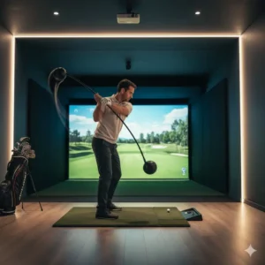 Using a weighted swing trainer for tempo and strength, a popular type of indoor golf training aids.