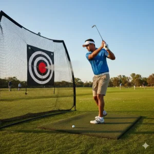 A golfer practicing their swing using a golf hitting net with target for accuracy training.