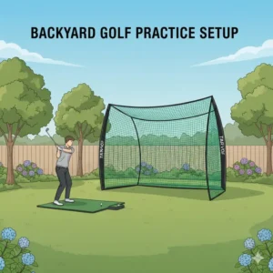 A wide-angle illustration of a backyard driving range featuring a portable golf practice net and hitting mat.