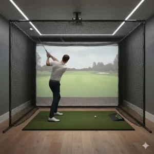 Heavy-duty golf hitting net and impact screen setup for comprehensive indoor golf training aids at home.