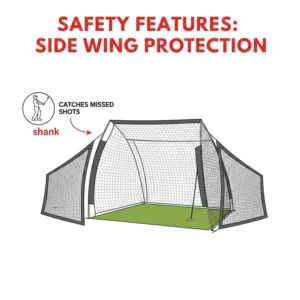 Safety side wing protection features of a golf practice net for home to catch missed shots.
