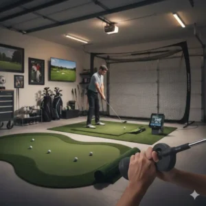 A weighted swing trainer aid to complement your existing golf practice equipment for home collection.