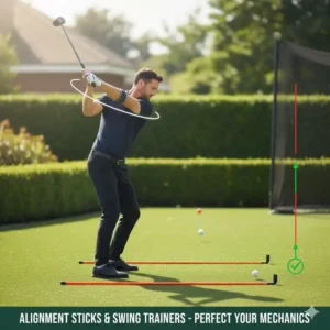 Professional alignment sticks and swing trainers used as functional backyard golf practice accessories.