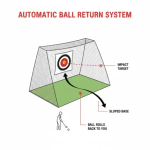 Graphic explaining the automatic ball return system of a golf practice net for home.