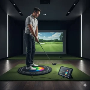 Monitoring weight transfer with a pressure plate, an advanced version of indoor golf training aids.
