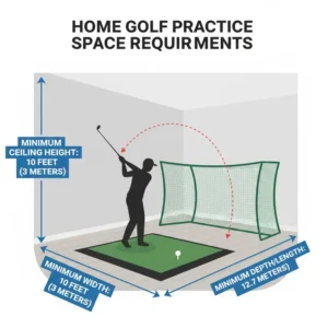 An infographic showing the required dimensions for installing golf practice equipment for home in a spare room.