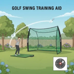 Illustration of a golfer using a portable golf practice net to improve swing consistency and ball striking.