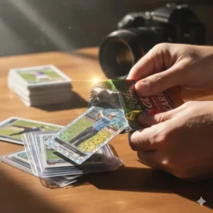 A collector opening a new sealed pack to discover rare cards from a set of trading cards golf