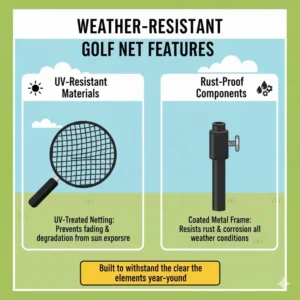 An infographic explaining the UV-treated and rust-proof features of the best golf practice net backyard.