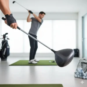 Weighted swing trainer club for building strength using home golf training accessories.
