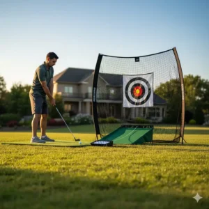 An innovative golf hitting net with target featuring an integrated ball return system.