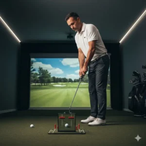 Golf putting alignment mirror for eye position drills, effective and compact indoor golf training aids.