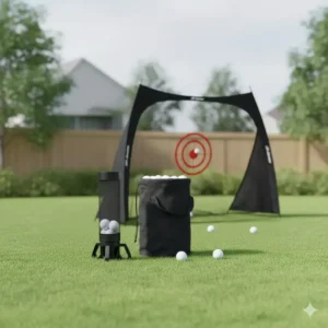 A specialized golf ball shagger and collector tube for organizing your golf practice equipment for home sessions.