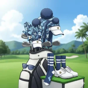 An illustration showing how to complete matching golf outfits with coordinated gloves, socks, and headcovers.