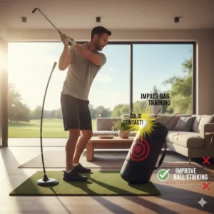 Training session using an impact bag as a specialized golf swing trainer for home use to improve ball striking.