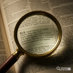 A magnifying glass hovering over a list of names to find the golfer ernie crossword clue solution.