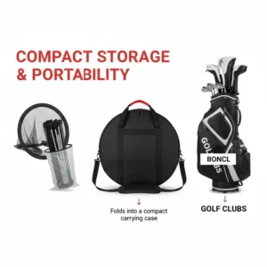 Compact carrying bag for easy transport and storage of a golf practice net for home.