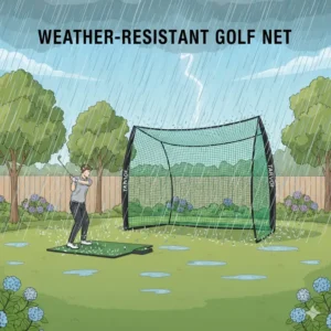 Graphic depicting a portable golf practice net standing firm during windy and rainy outdoor conditions.