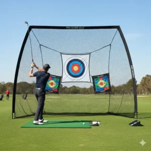 A versatile golf hitting net with target featuring multiple scoring zones for practice.