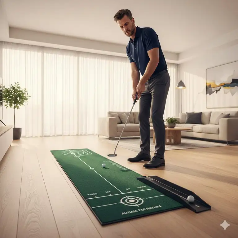 A high-quality automatic return putting mat set up in a modern living room for indoor golf practice.