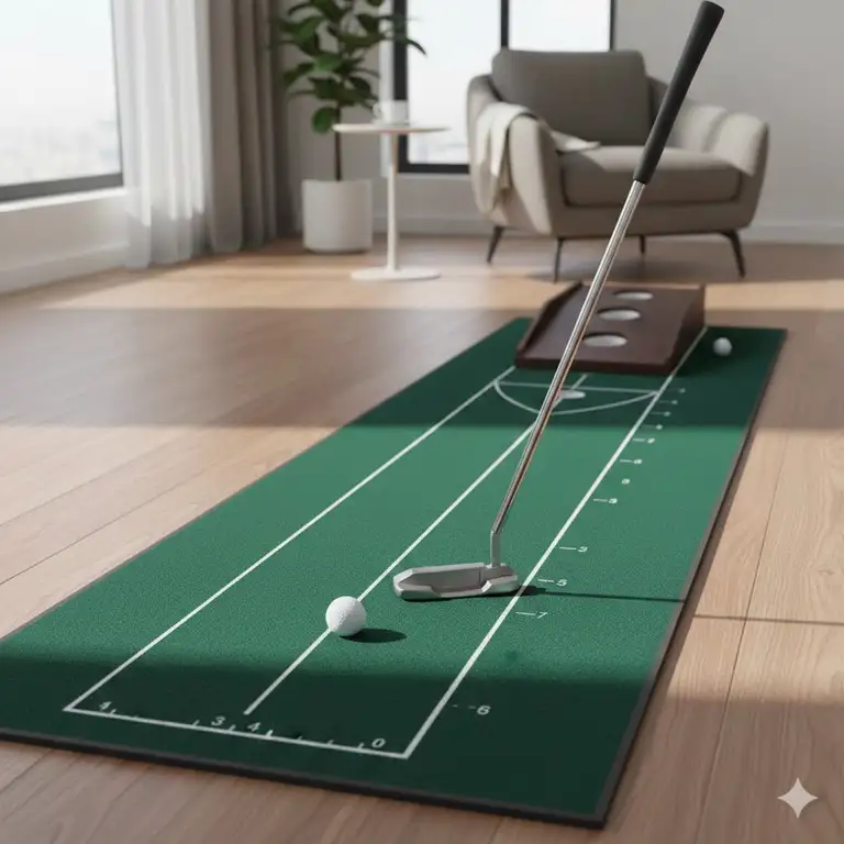 A professional indoor golf setup showcasing the best putting mat for home with a putter and golf balls.