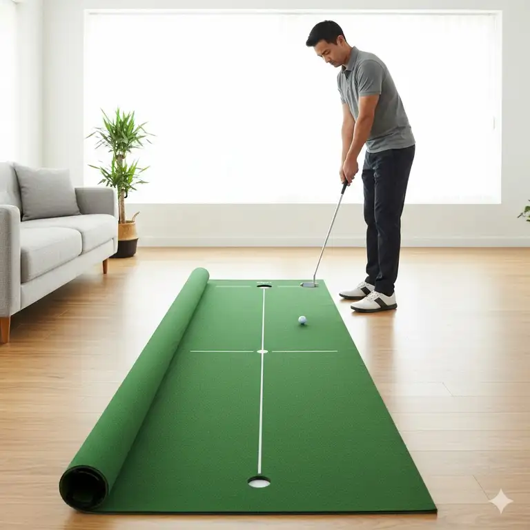 A premium indoor golf putting mat with alignment lines featuring a golfer practicing a straight stroke in a modern living room.
