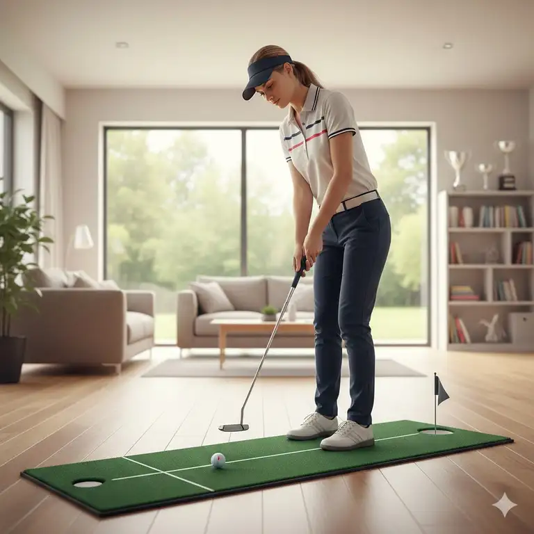 A golfer practicing on a professional golf putting trainer for beginners in a modern living room.